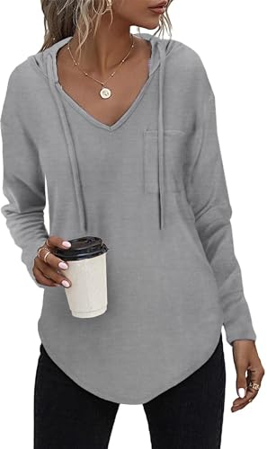 Kapuzenpullover Damen Leichter Pullover Hoodie Sweatshirs mit Taschen für den Herbst Grau, L