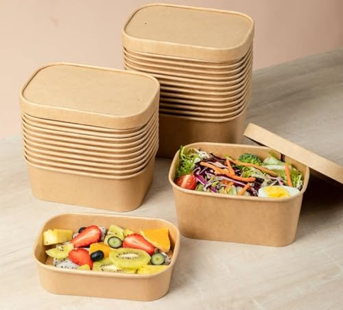 HOT BARGAINS 750ml Kraft Paper Food Containers With Paper Lids, Rectangular Takeaway Boxes for Restaurant Use, Pack of 50