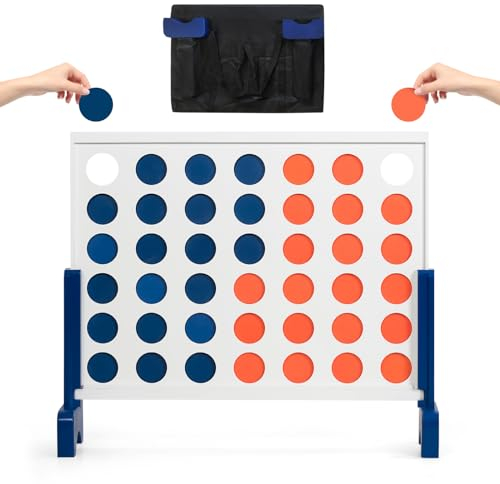 GOPLUS Riesiges 4 Gewinnt Spielset, Gesellschaftsspiel aus Holz, Tragetasche, 42 eingebaute Ringe, Vier in Einer Reihe Spiel für Kinder und Erwachsene, für Indoor-oder Outdoor (Blau+Weiß)