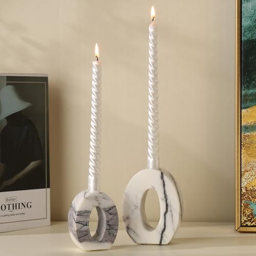 HAMAKAWA Echte Naturmarmor-Kerzenhalter Satz von 2, Panda Weißer Kalkstein Kerzenhalter passen Φ 2cm Kegel Kerze, Kerzenständer Dekoration für Haus, Abendessen, Partei, Hochzeit