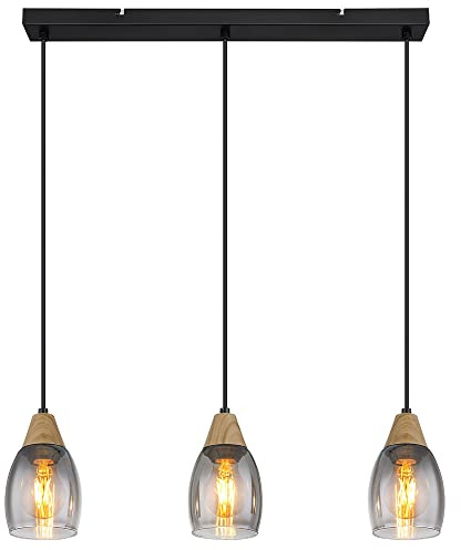Pendelleuchte Glas Hängeleuchte Glas Lampe Rauchglas Holz schwarz, 3x 4 Watt 320 Lumen 2200 Kelvin, LxBxH 55x10x120cm
