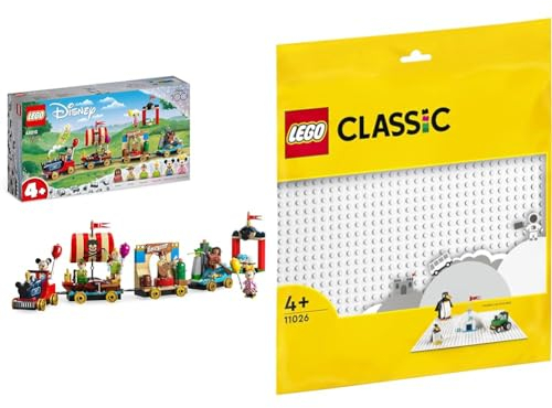 LEGO 43212 Disney: Disney Geburtstagszug Set mit Moana & 11026 Classic Weiße Bauplatte, quadratische Grundplatte mit 32x32 Noppen als Basis Sets, Konstruktionsspielzeug
