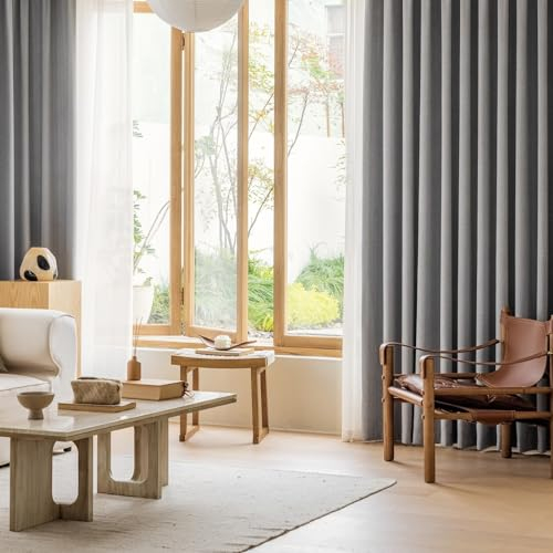 Whoiy Wohnzimmer Vorhänge Grau Jacquard mit Ösen 160 cm Lang, Einfarbig Blickdichte Gardine Vorhang Chenille Verdunklungsvorhänge für Schlafzimmer, 160x96 cm(Höhe x Breite)