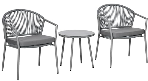 Outsunny Salon de Jardin bistrot, Ensemble bistrot de Jardin 3 pièces Cadre en Acier 2 fauteuils + 1 Table Basse avec Plateau en Verre trempé, Coussins Inclus Gris