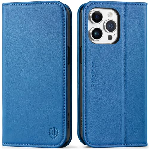 SHIELDON Case for iPhone 15 Pro Max 5G 6.7, Genuine Leather Case Wallet with [RFID Blocking][Card Holder][Kickstand] Magnetic Flip Phone Case Compatible with iPhone 15 Pro Max - Sapphire Blue