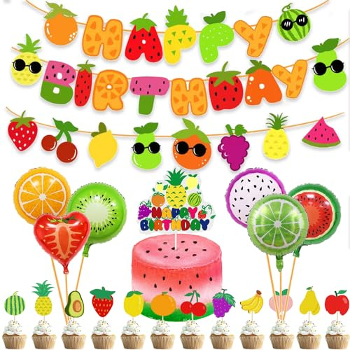Finypa Niedliche sensorische Frucht für den 1. Geburtstag Party Obst Thema Party Supplies Kuchen Cupcake Toppers Happy Birthday Banner Luftballons für Jungen und Mädchen Obst Party Dekorationen