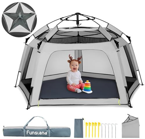 Funsland Spielzelt für Kinder, Pop Up Strandmuschel Baby Strandzelt Mädchen Spielhaus Indoor & Outdoor, Campingzelt Automatisches, 3-4 Personen, Abnehmbare obere Sonnenschutztücher, Grau