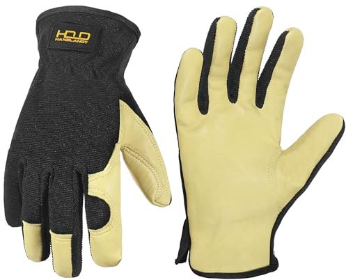 HANDLANDY Herren-Gartenhandschuhe aus Leder, Allzweck-Arbeitshandschuhe für Garten- und Bauarbeiten, Geschicklichkeit und atmungsaktive Bauhandschuhe (Beige-Schwarz, M)