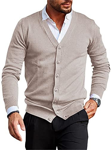 Runcati Cardigan da uomo senza collo scollo a V Cardigan maglia camicia giacca leggera mezza stagione, beige., L