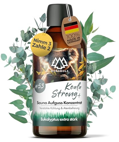 NORDHOLZ® Saunaaufguss 100ml [60 Sorten] Sauna Aufgussmittel Konzentrat | Sauna Duft · #53 Koala Strong · Eukalyptus · klar & intensiv · Mit naturreinen ätherischen Ölen · Made in Bayern