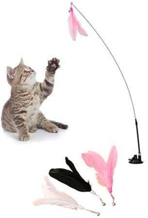 PengLAI Funny Cat Sticks,Pet Interactive Toys Cat Teaser With Feather And Bell for Fun Play, Exercise, Activity(1 Pcs Powerful Sucker,1 Pcs Steel Wire Cat-Teasing Stick and 4 Pcs Feather With Bell)