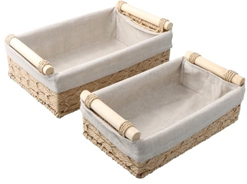 Volumoon Cestas Almacenaje, Set de 2 Cestas de Almacenamiento con Mango de Madera, Cestass Tejidas para Organizadores, Forro de Tela Extraíble, para Baño, Cocina o Decoración del Hogar
