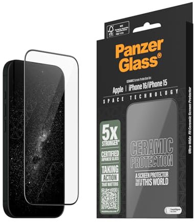 Protector de pantalla de cerámica PanzerGlass® para Apple iPhone 16, EasyAligner, vidrio cerámico japonés con 5X fuerza, alta resistencia a los arañazos, resistente a impactos