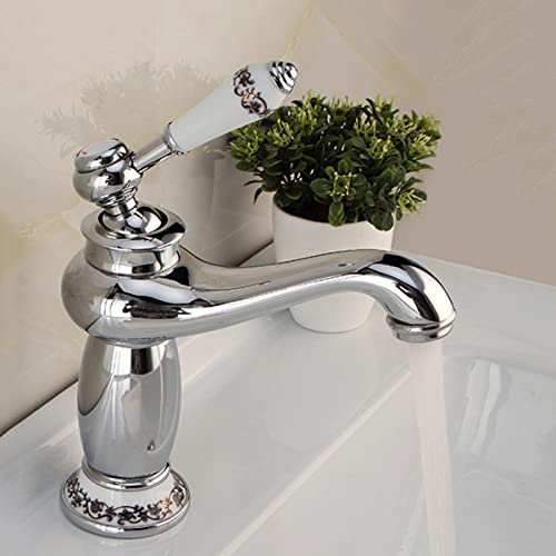JNVFTCUX Antiker Waschbecken-Wasserhahn aus Messing, Warm- und Kaltwasser-Mischbatterie, Vintage-Badezimmer-Wasserhahn, Einhebel-Einloch-Waschtisch-Wasserhahn, Chrom-Wasserhahn