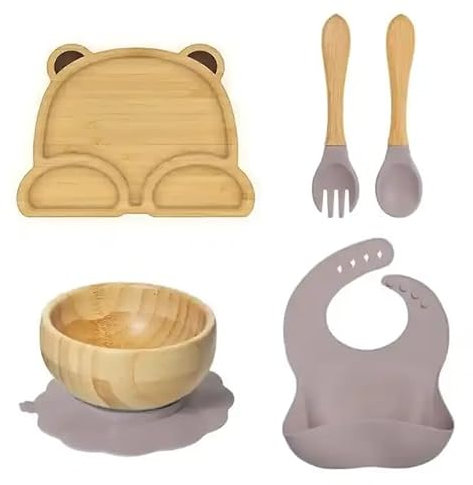 Ensemble de couverts de sevrage en bambou pour bébé avec assiette, bols, cuillères et bavoirs pour alimentation LED | Sans BPA (gris)