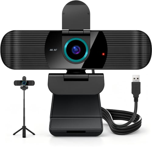 Pro UHD 4K/30fps Webcam with Tripod, External USB Camera for PC/Laptop | Dual noise-cancelling mics | Auto-focus | Wide-angle | Low-light correction | 360° rotation | CMOS sensor | Plug and Play