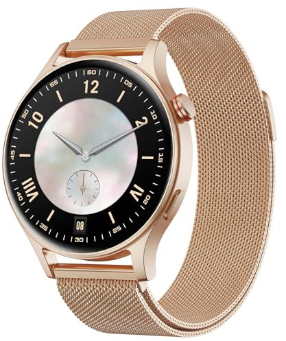 Smartwatch Damen Herren Rund mit Telefonfunktion- 1.32 AMOLED Display, Fitnessuhr mit 110+ Sportmodi &3ATM, Uhren Damen Herren für iOS/Android Schrittzähler mit Pulsmesser Schlafmonitor- Gold