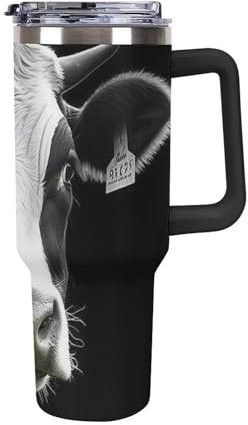 YKLBV 40 Oz Animal Funny Cow Head Black White Printed Stainless Steel Vacuum Insulation Cup Strap Straw Straws Can Be Cleaned with Dishwasher Suitable for Outdoor, Car And Tourism