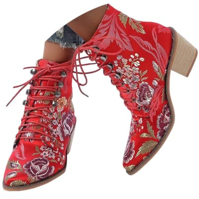 ticticlily Bottines d'hiver élégantes Doublées et Chaudes pour Femme Rétro à Talons Bloc Confortables Décontractées Antidérapantes Légères C Rouge 37 EU