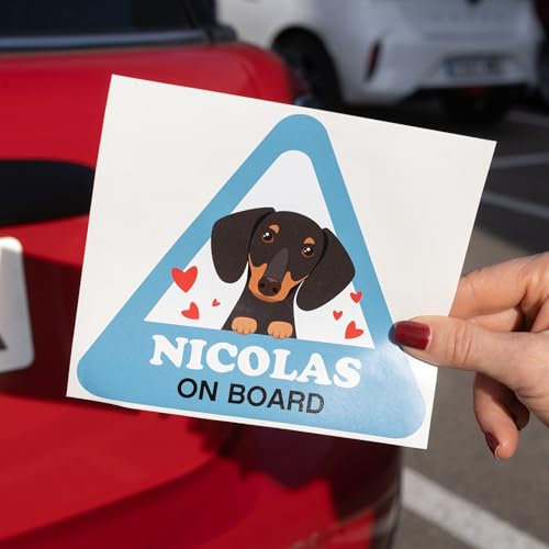 Wanapix | Adesivo Personalizzato per Auto | Adesivi Impermeabili in Vinile | Personalizzazione con Nome del Cane | Triangolo 15x13cm | Teckel