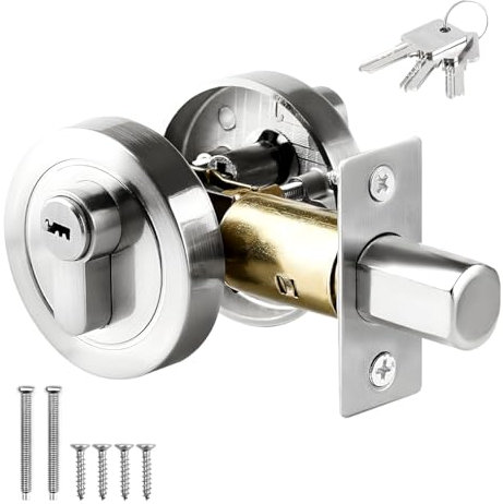 PJHAJH Single Cylinder Deadbolt, Round Deadbolt Lock with Keys, Zinc Alloy Door Locks, Modern Door Locks, for 35-50mm Entrance Door, Bedroom Door (Silver)