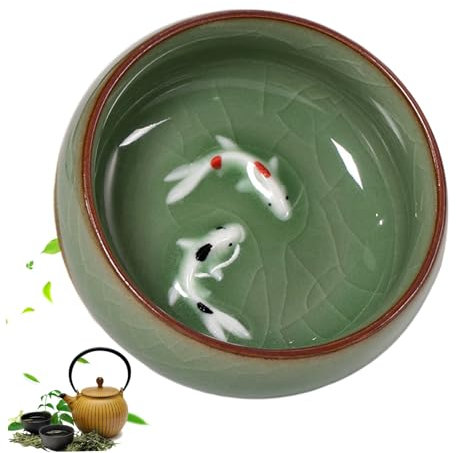 NASSMOSSE Chinesische Teetasse 2.56x1,18 Zoll 2oz..Chinese Langquan Celadon Teetasse verfügt über natürliche Knistern Muster Kung Fu Teetassen mit lebendigem Koi-Fisch