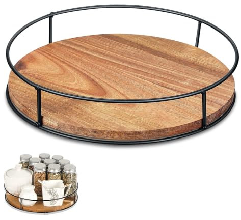 Lazy Susan Cupboard Organiser, 9 Rotating Cupboard Tray Rotating Spice Rack Storage Stand Wooden Turntable Organizer Condiment Holder for Kitchen Counter
