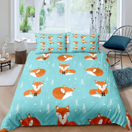 RZPFQB Cute Renard Parure de Lit 200 x 200 cm Animal De La Forêt De Dessin Animé Housse de Couette pour Enfant GarçOn Fille Ado Renard Linge de Lit Microfibre Couvre Lit
