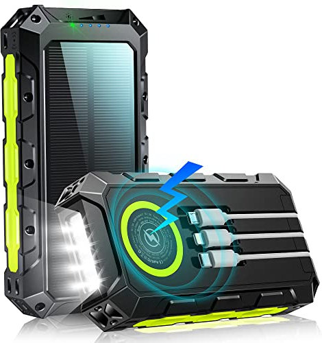 Power Bank 52800 mAh Wireless Powerbank: Solar Powerbank USB C 7 Uscite con 3 Cavo Integrato, Torcia, Caricatore Portatile per Smartphone, Campeggio, Outdoor (Verde)