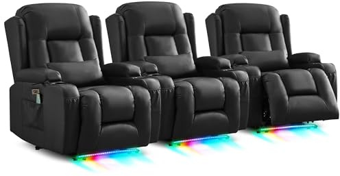 SITURAY Relaxsessel Fernsehsessel Elektrisch Verstellbar Massagesessel mit Liegefunktion Fußteil, Kunstleder TV Sessel mit Wärmefunktion, Kinosessel mit LED/USB für Wohnzimmer, bis 150 kg (3, Schwarz)