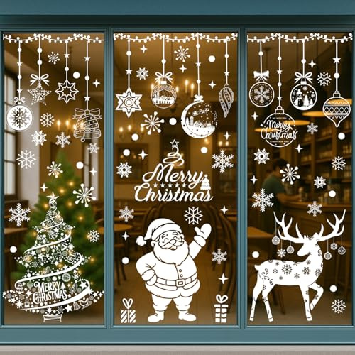 Xyxu Large Christmas Window Stickers, Merry Christmas Window Decorations | 150pcs White Santa Tree Snowflake Window Stickers Clings Decals, Reusable, PVC Static Xmas Window Sticker for Glass Indoor
