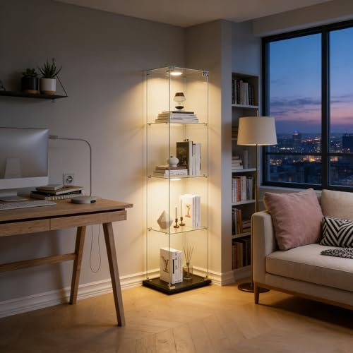 HYNHXBP Vitrines, vitrines en Verre, armoires de Rangement Verticales en Verre,Vitrine Verre avec LED,adaptées aux Salons, Chambres, Bureaux (Noir4, 4 étages)