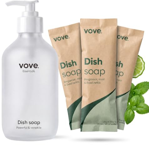 Vove Washing Up Liquid Starter Set, Glass Pump Bottle & 3 Refills | Bergamot mint and basil, powder-to-gel washing up liquid, plant-based concentrated formula, plastic-free packaging