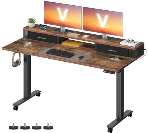 VASAGLE Höhenverstellbarer Schreibtisch elektrisch, 140 x 60 cm | Stufenlos verstellbar, mit Monitorständer, Steckdosenleiste, Haken, Memory-Funktion, vintagebraun LSD184X01