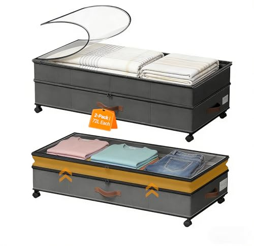 HomeBloom Under Bed Storage Containers 2-Pack, 72L Each with Wheels & Clear Lids, Adjustable Height Foldable Fabric Organizer for Bedroom - Clothes, Shoes, Blankets