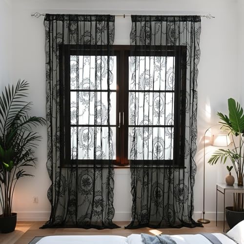 Fmorgen Französische Spitzenvorhang Durchlässig Spitzenvorhang, 2 Stück Spitzengardinen Gardinen Vintage-Fensterbehandlung Ösenvorhang für Wohnzimmer Schlafzimmer (Black-140x260CM)