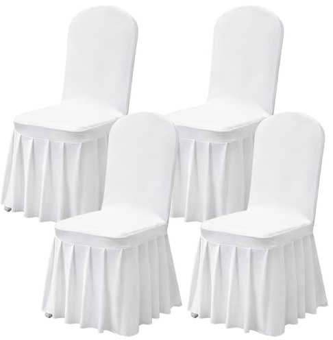 Stuhlhussen Weiß, 4 Stück Universeller Stretch Stuhlbezug, Abnehmbarer Elasthan Spandex Stuhlbezüge mit Rock, Waschbarer Hussen für Stühle, Elastisch Stuhlschutz Stuhlbezug für Hochzeit, Party, Hotel