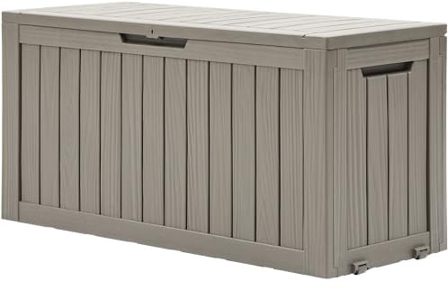 DWVO 270L Aufbewahrungsbox aus Resin mit Rollen, Wasserdichte Gartenbox für Terrassenkissen, Sportgeräte & Gartengeräte, Abschließbar, Hellbraun