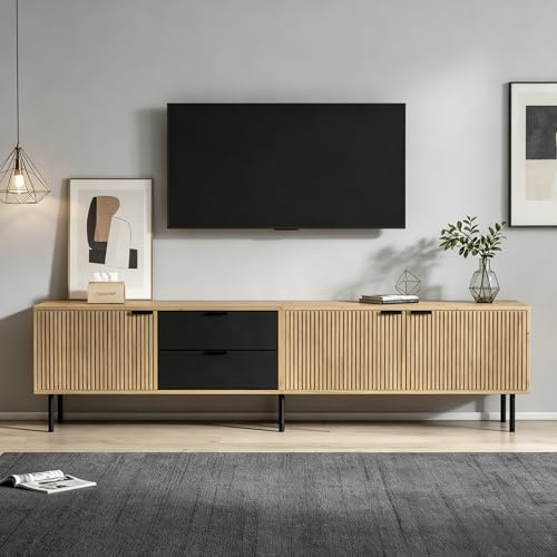MeraxTV Schrank Lowboard 208 cm, TV Board für 85 Zoll Fernseher, Fernsehschrank mit 3 Schubladen und 3 Türen, TV Möbel mit Stauraum & Kabelmanagement, Wohnzimmerschrank Holzoptik Schwarz