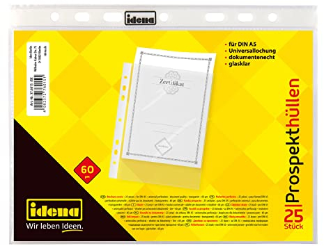 Idena 376015 - Prospekthülle DIN A5 Format, glasklar, aus PP-Folie, 60µ, 25 Stück