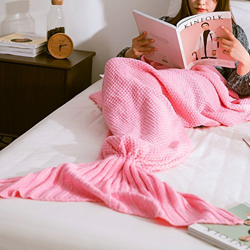 Handgefertigt Strick Meerjungfrau Schwanz Blanket-All Jahreszeiten Strickdecke, warm Sofa Wohnzimmer oder Camping für Erwachsene und Kinder 180 * 85 cm (179,8 x 79,8 cm) Rose