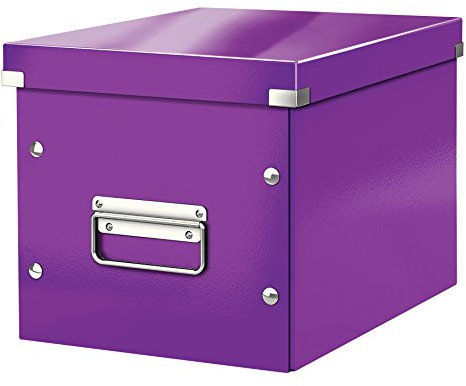 Leitz Click & Store Aufbewahrungsbox mit Deckel Mittel-Groß, Würfelbox für Regale im Wohnzimmer oder Büro, Transportbox aus 80 % recycelter Premium-Hartpappe, Stabile Metallgriffe, Violett, 61090062