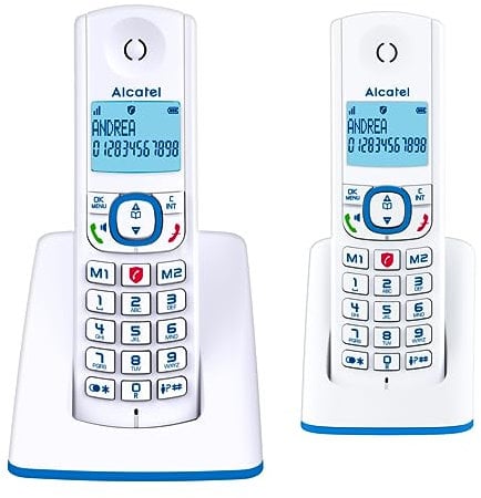 ALCATEL F530 Duo - Telefono fisso cordless DECT - Grande display retroilluminato - Vivavoce - Funzione blocco chiamate - 2 tasti di memoria diretta - 2 portatili - Bianco/Blu
