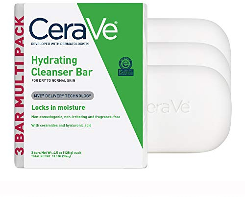 CeraVe Hydrating Cleanser Bar, Soap-Free Body and Facial Cleanser with 5% Moisturizing Cream, Fragrance-Free, 3-Pack, 4.5 Ounce Each