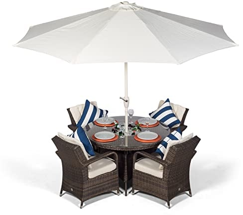 Arizona Luxury 4 Seater Brown Rattan Dining Set with Ice Bucket Drinks Cooler | Outdoor Poly Rattan Garden Table & Chairs Set with Parasol & Cover