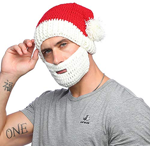 Yixda Weihnachtsmütze Unisex Winter Strickmütze Beanie Hut Nikolausmütze (Weiß Bart)