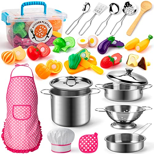 Tigerhu Cocina Juguete Accesorios Cocinita Infantil, Utensilios de Cocina al Aire Libre, Juego de Chef para Cortar Alimentos Verduras, Juguetes Educativos para Niños y Niñas