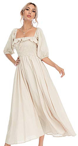 R.Vivimos Donne Abito Casual Bohémien Mezza Manica Scollo Quadrato Vestito Lungo Midi Elegante da Spiaggia(M,Beige)