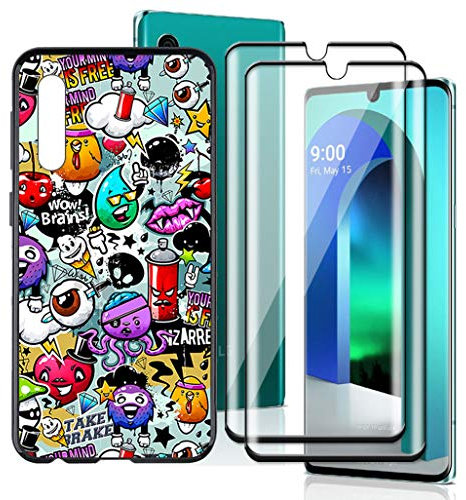 HHUAN Funda + 2 Pack Cristal Templado para LG Velvet (6.8) HD Protector Pantalla, Negro Cover Suave Silicone Caso Bumper TPU Case Carcasa - Dibujos Animados