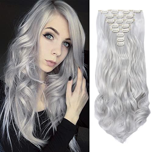 Cybelleza Clip in Extensions 8 Teile Set Haarteil Haarverlängerung Gewellt Haarverdichtung wie Echthaar Kunsthaare Lockig Wavy Haare Voluminös Hitzebeständig Lang, Silber grau